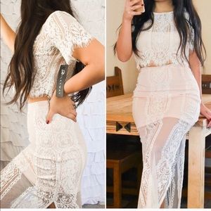 NEW 2 Pcs Lace nude Maxi Skirt Set